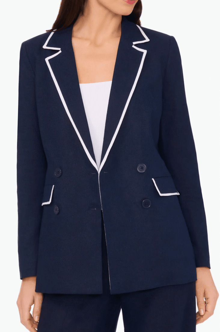 Women's Rockin' Navy Blue Blazers To Wear Now 50 is not old tania stephens fashion blogger  white piping